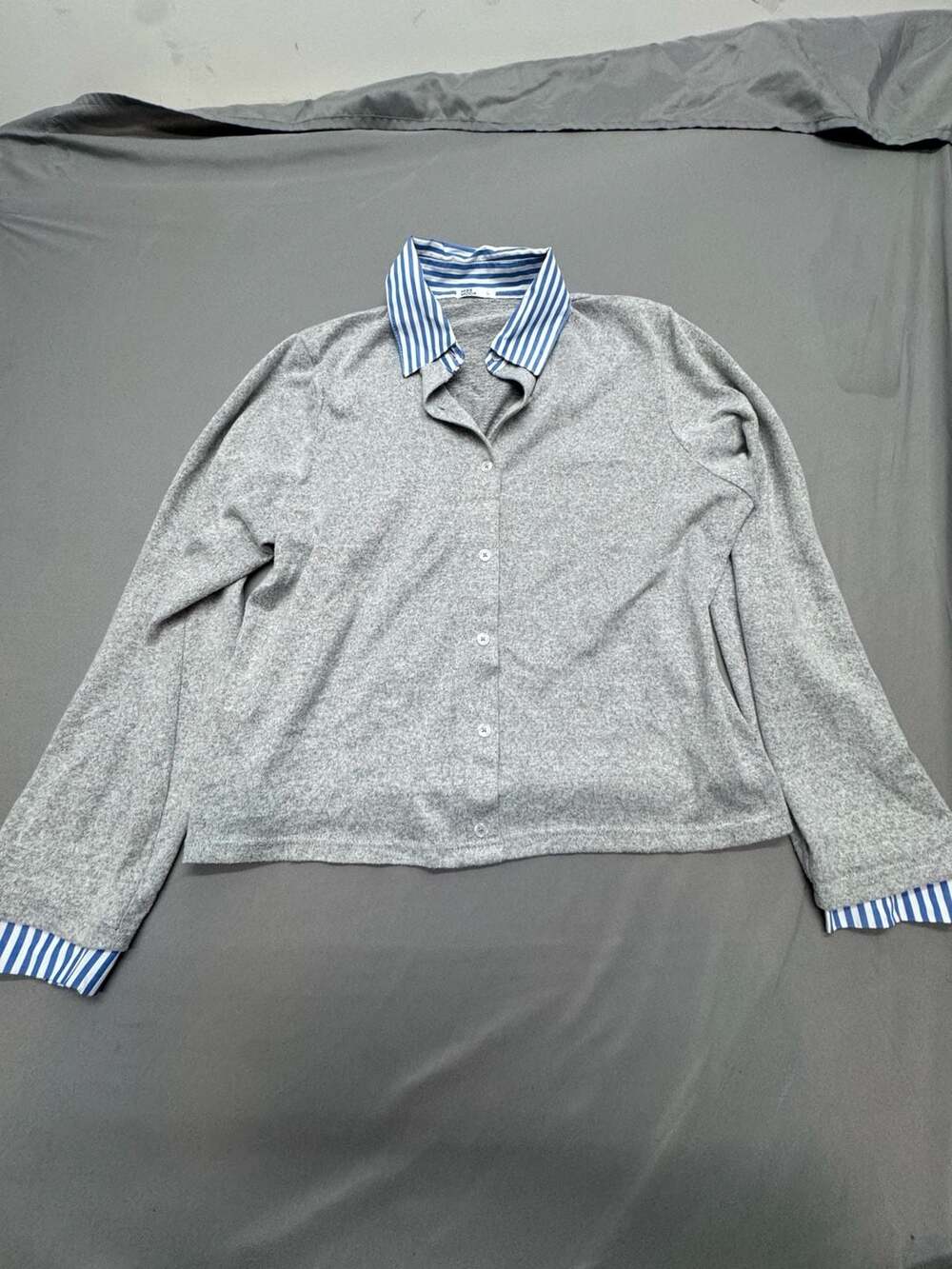 Miss Moda Cardigan Size L Gray Blue Stripe Collar 2 in 1 Blouse Sweater